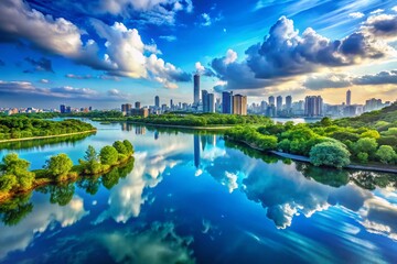 Fototapeta premium Stunning Blue City Nature Landscape - HD 4K Wallpaper for Nature Lovers and Urban Explorers