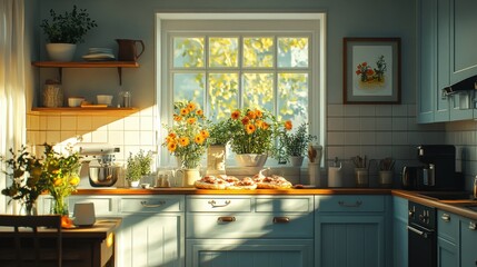 A cozy kitchen setting showcasing a breakfast table filled with toasted bagels, lox, and cream cheese, garnished with capers and fresh dill for an inviting meal.