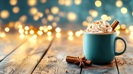 Cozy Holiday Vibes: Hot Cocoa with Whipped Cream and Cinnamon Stick Surrounded by Christmas Decorations and Warm Lighting
