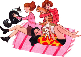 Three women sit and lie on mats and play with their cats., hand-drawn watercolor painting illustration