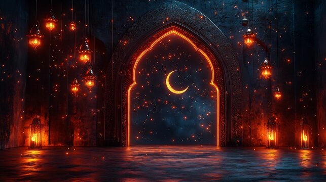 Elegant Eid Mubarak design 3D Islamic archway glowing stars and a crescent moon with ample room for personalized text on a minimalist background