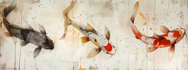 Three beautifully painted koi fish in vibrant colors swimming gracefully against a soft, abstract background.