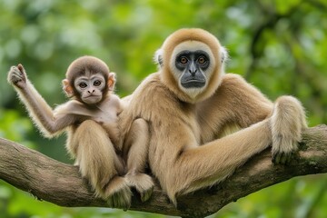 Fototapeta premium A mother and baby gibbon resting on a tree branch in a lush green environment.