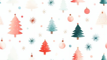 Obraz premium Whimsical holiday patterns come to life with vibrant trees, ornaments, and stars swaying joyfully against a serene background, evoking feelings of warmth and celebration.