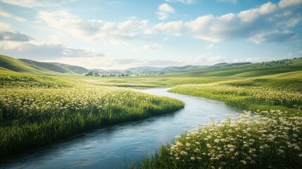 Naklejka premium River winding through a grassy field.