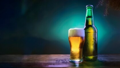 Product photography, advertising poster, beer bottle with beer glass It looks delicious and has a cool atmosphere.