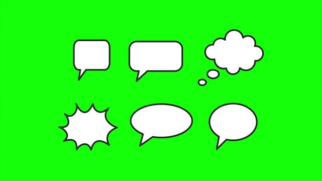 Animated speech bubbles on a green screen background. Perfect for adding dialogue, thoughts, and effects.