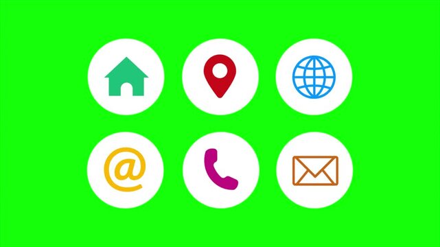 Animated icons for common contact methods. Home, location, website, email, phone, and mail. Green screen background for easy compositing. Perfect for website, app, and social media.