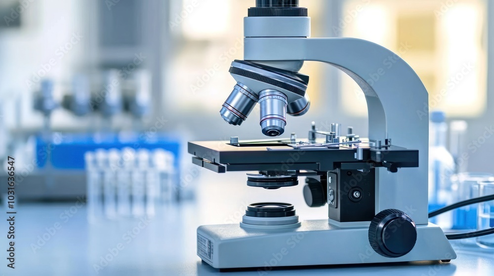 Poster A Close-Up View of a Modern Microscope in a Laboratory Setting