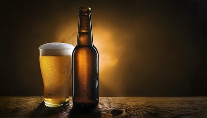 Product photography, advertising poster, beer bottle with beer glass It looks delicious and has a cool atmosphere.