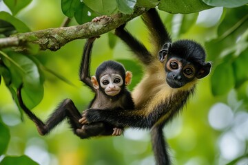 Obraz premium A mother monkey holds her baby while hanging from a tree branch in a lush green environment.
