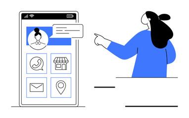 A woman pointing at a smartphone interface featuring app icons such as phone, store, email, and location. Ideal for technology themes, user experience, app design, communication tools, and digital