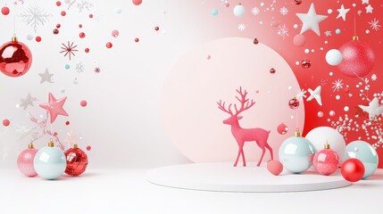 A modern Christmas graphic background with abstract soft sculptures of reindeer, stars, and baubles, creating a cheerful design.