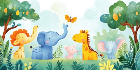 Four cartoon animals and a butterfly in a forest.
