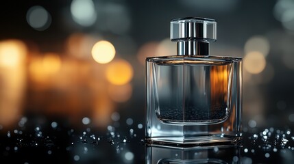 Elegant Glass Perfume Bottle on Blurred Background