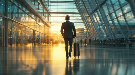 Fototapeta premium A man is leisurely walking with a suitcase through the airport at sunset