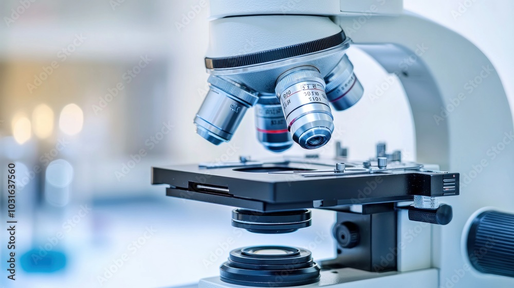Poster Close-up of a Microscope with Multiple Lenses