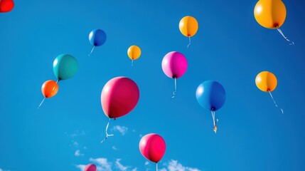 Colorful balloons floating in a blue sky.