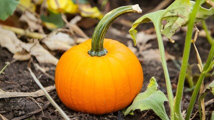 Small Orange Pumpkin with Green Stem