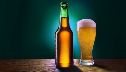 Product photography, advertising poster, beer bottle with beer glass It looks delicious and has a cool atmosphere.