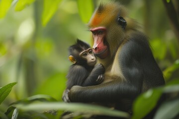 A tender moment between a mandrill and its young in a lush, green environment.