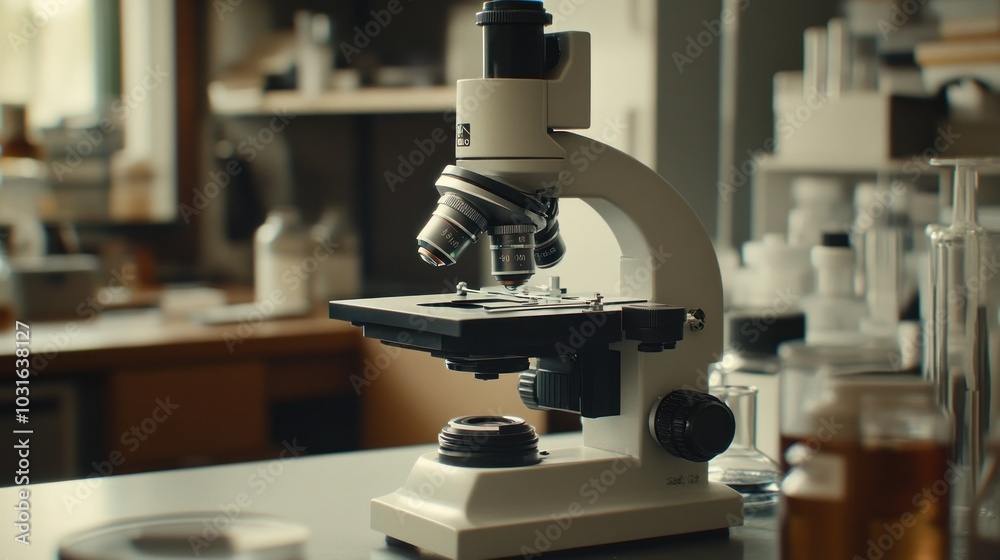 Aufkleber a white microscope on a laboratory table