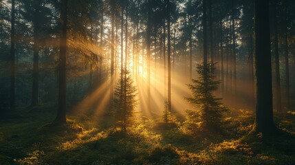 Obraz premium Golden Sunlight Streaming Through Forest Trees at Dawn