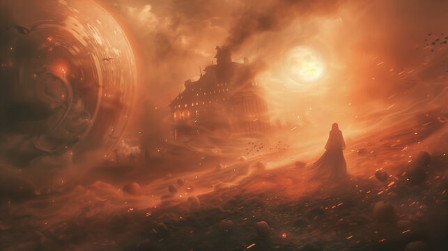 Spooky Halloween Elegance: Ghostly Figure in Moonlit Pumpkin Patch with Abandoned Mansion