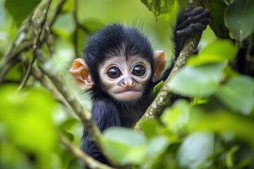 Obraz premium A young monkey peeks through lush green foliage in a vibrant jungle setting.