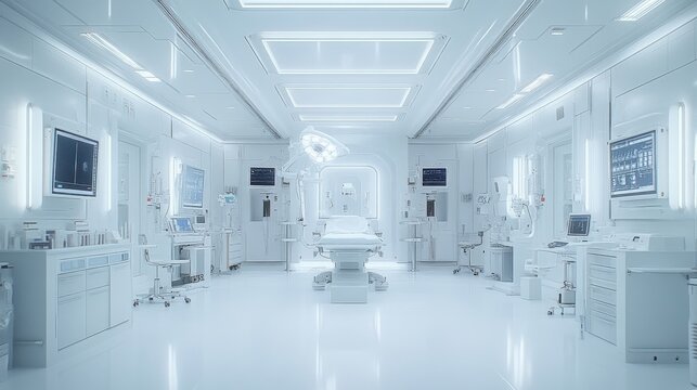 An overview of a high-tech operating room designed for neurosurgery, showcasing advanced equipment and monitoring systems in a bright white laboratory setting. - Powered by Adobe