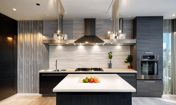Modern kitchen with stainless steel appliances, white countertops, and dark wood cabinets. The kitchen has a large window, tile floors, and pendant lights.