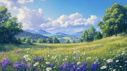 Fototapeta premium A field of wildflowers with mountains in the distance.