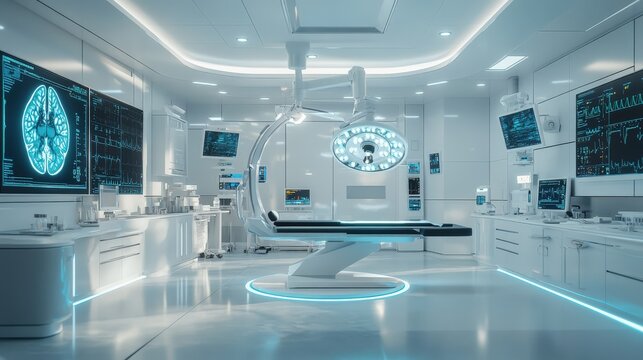 An operating room featuring a sophisticated setup for neurosurgery, with digital monitors and advanced medical devices displayed prominently against a white science laboratory background.
