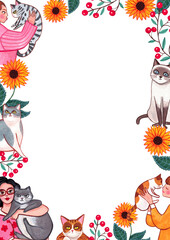 A woman holds a cat while playing amidst bright yellow flowers., hand-drawn watercolor frame design