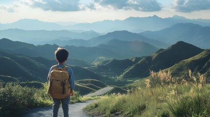 Obraz premium Young Adventurer Gazing at Majestic Mountain Vistas