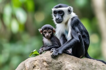 A mother monkey and her baby sit together on a rock in a natural setting.