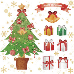 christmas　水彩　クリスマス　ツリー　ギフト　プレゼント　オーナメント　イラスト素材セット