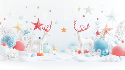 Obraz premium A festive Christmas invitation featuring soft sculptures of reindeer and stars, perfect for a holiday gathering.