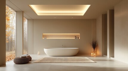 A luxurious bathroom with a modern ceiling lamp that exudes warmth, elegantly complementing the minimalist decor and creating a relaxing atmosphere.