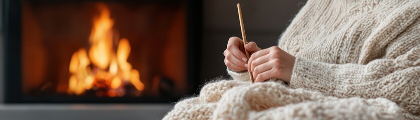 Cozy scene of a person knitting by a warm fireplace in a knitted blanket.