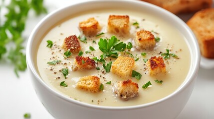 A detailed clip art illustration of a bowl of creamy champignon mushroom soup garnished with fresh herbs and croutons, isolated on a white background, perfect for culinary designs and menus.