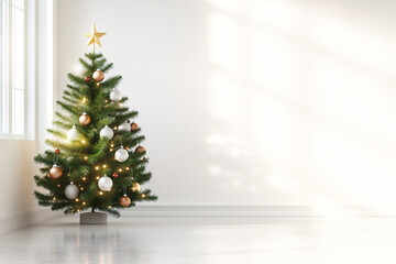 Festive Christmas Tree with Decorations in Bright Room