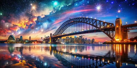 Obraz premium Stunning Double Exposure of City Harbour Bridge at Night for Urban Photography Enthusiasts