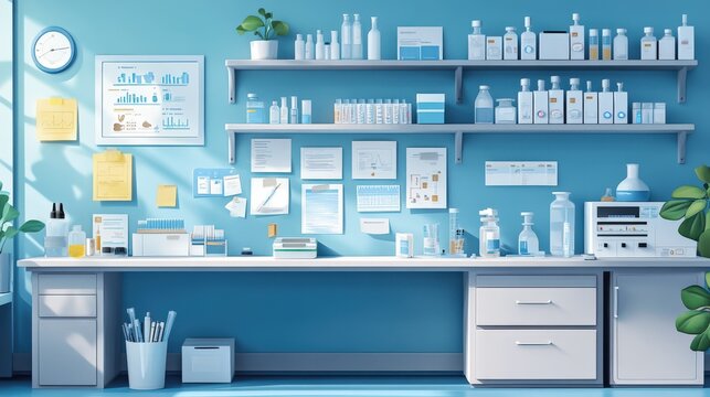 An organized workspace displaying disease prevention materials such as vaccines, protective equipment, and informational charts, set against a blue laboratory backdrop.