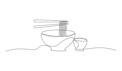 Continuous one line of bowl, noodles with chopsticks isolated on white background, vector illustration hand drawn, Editable stroke