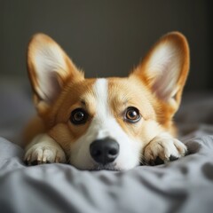 A brown and white corgi puppy lies on the bed with its tongue out. Looks happy and playful