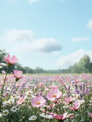 Obraz premium A serene meadow filled with soft pastel wildflowers under a clear blue sky, inviting tranquility and beauty.