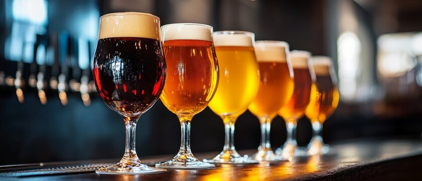 An assortment of craft beers served in glasses at a lively brewery during the evening hours