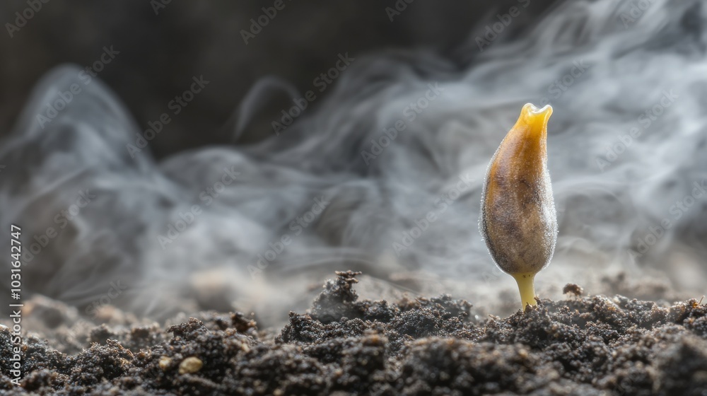 Aufkleber a sprout emerging from soil with smoke in the background