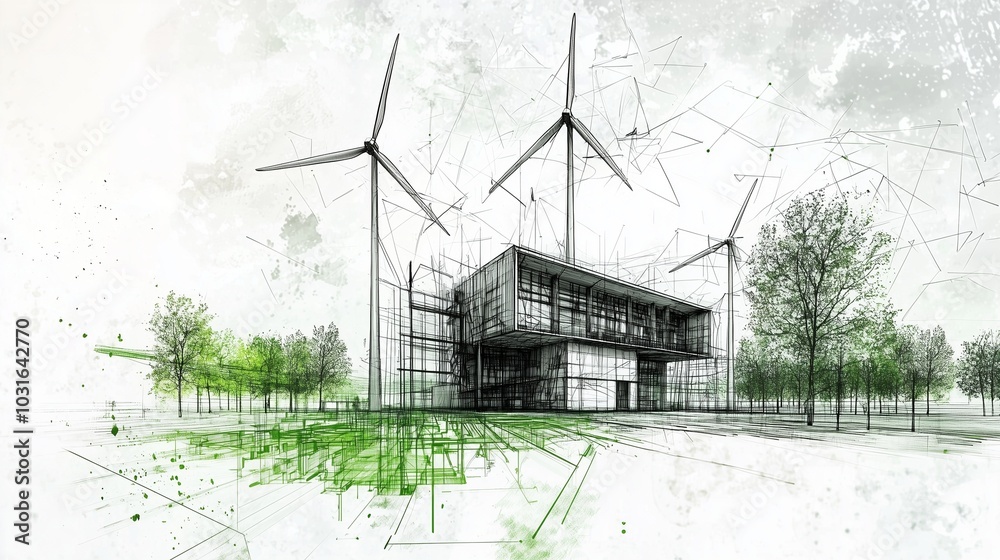 Wall mural modern building with wind turbines and greenery symbolizes sustainable urban development.